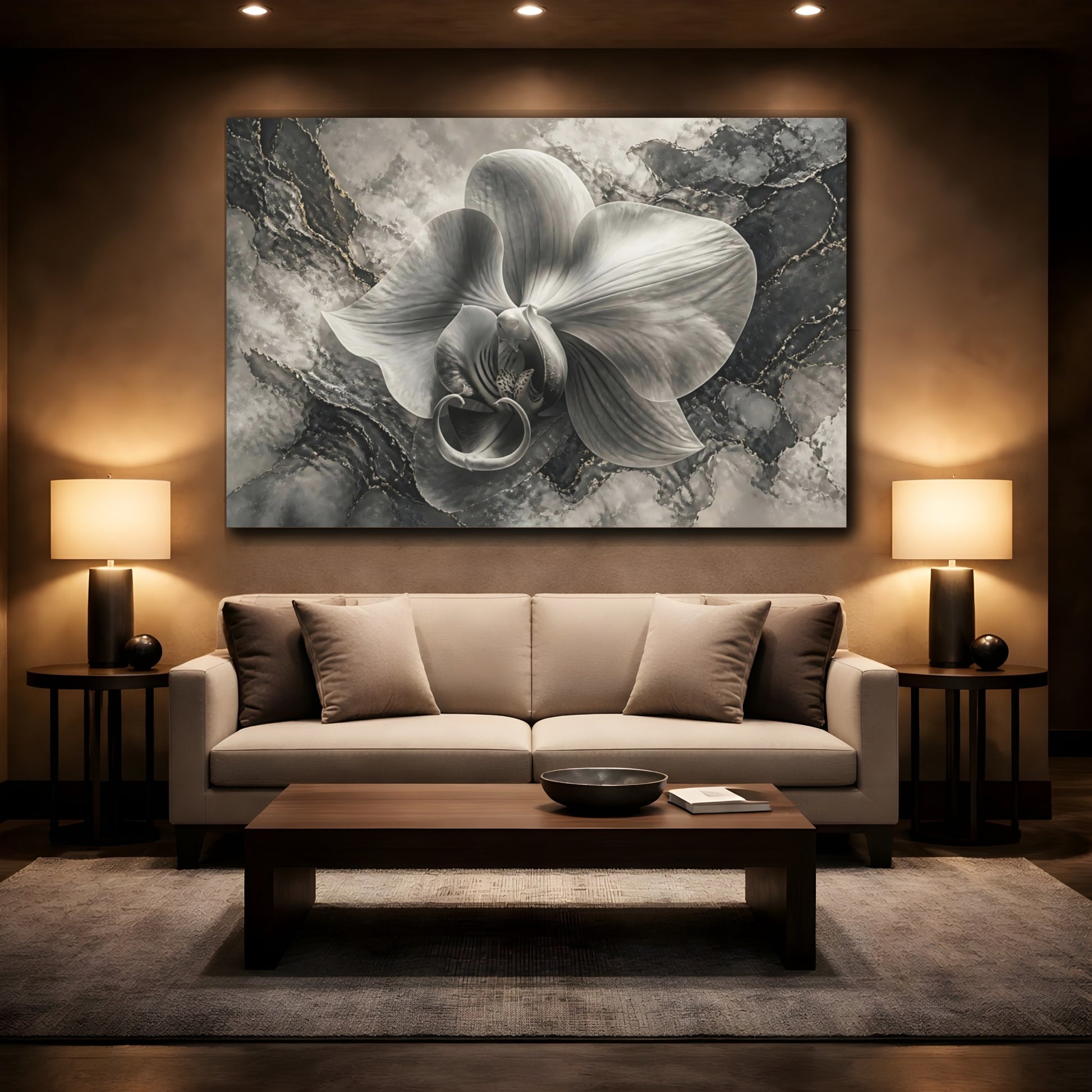 Mockup 2. Monochrome Orchid Elegance shown as canvas print