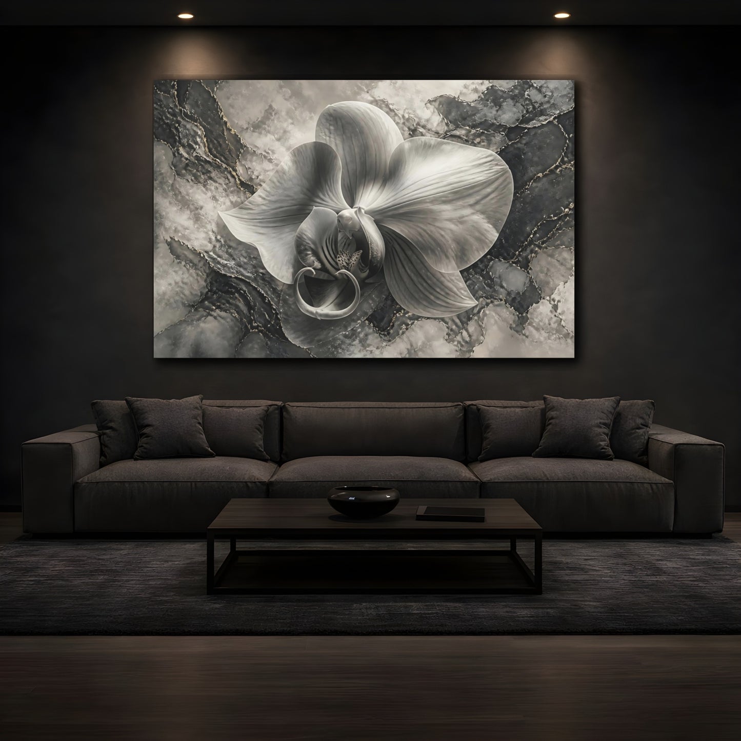 Mockup 3. Monochrome Orchid Elegance shown as canvas print