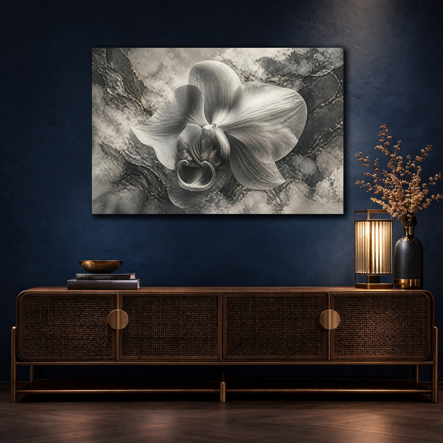 Mockup 4. Monochrome Orchid Elegance shown as canvas print