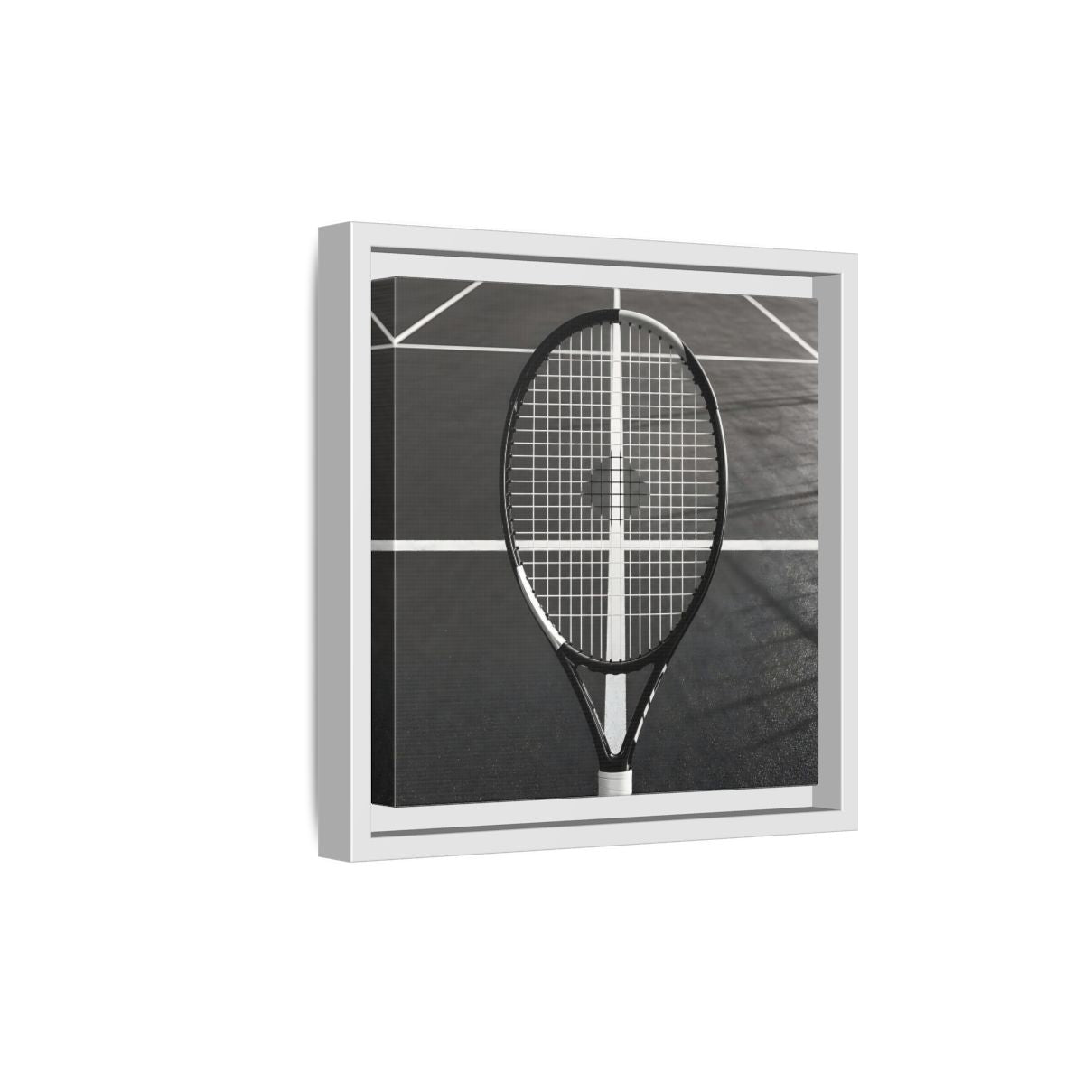 Side Mockup 19. Monochrome Tennis Racket shown as framed canvas print