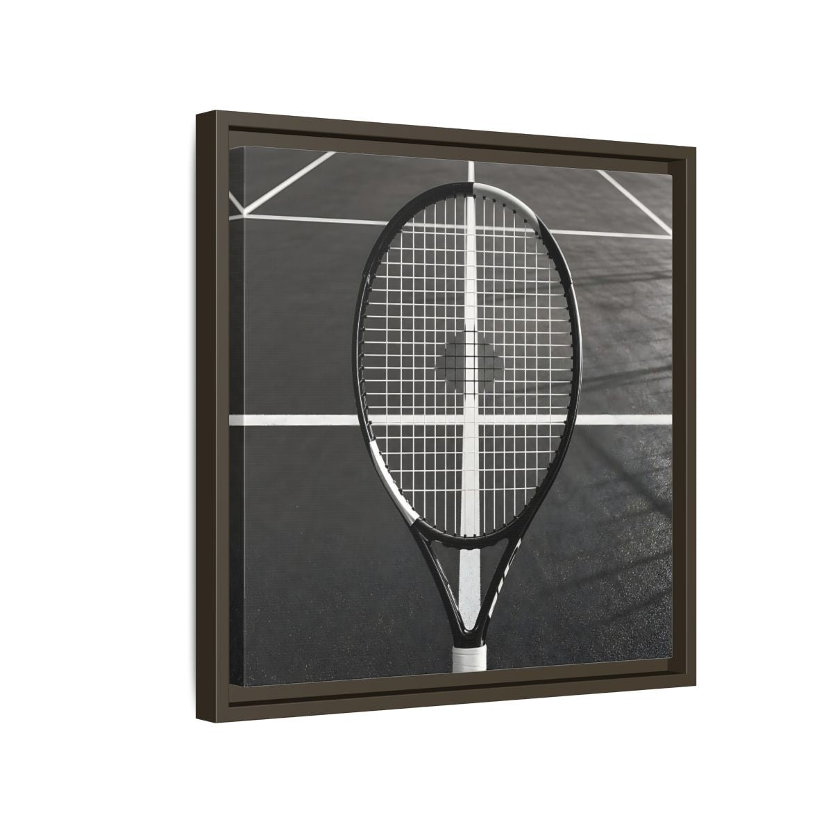 Side Mockup 14. Monochrome Tennis Racket shown as framed canvas print