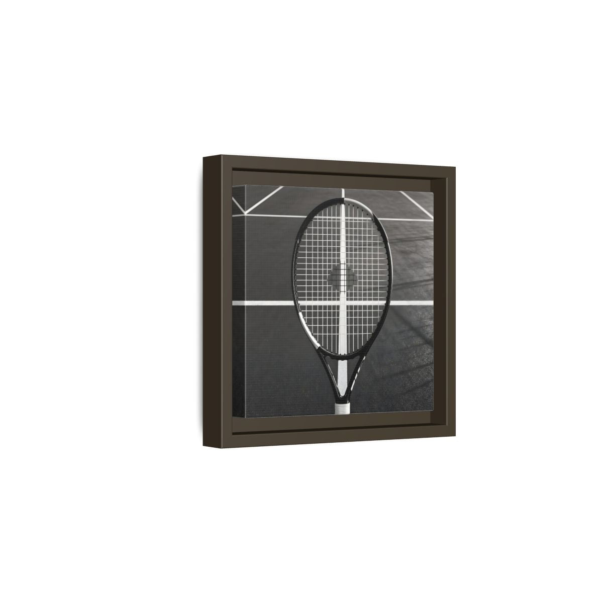 Side Mockup 2. Monochrome Tennis Racket shown as framed canvas print