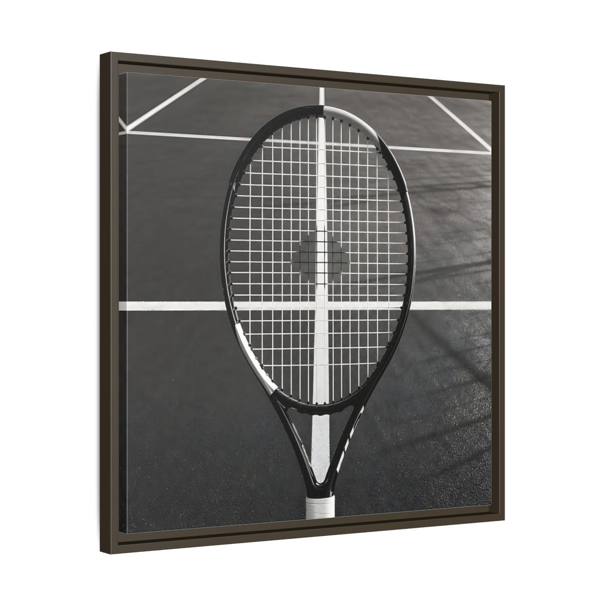 Side Mockup 27. Monochrome Tennis Racket shown as framed canvas print