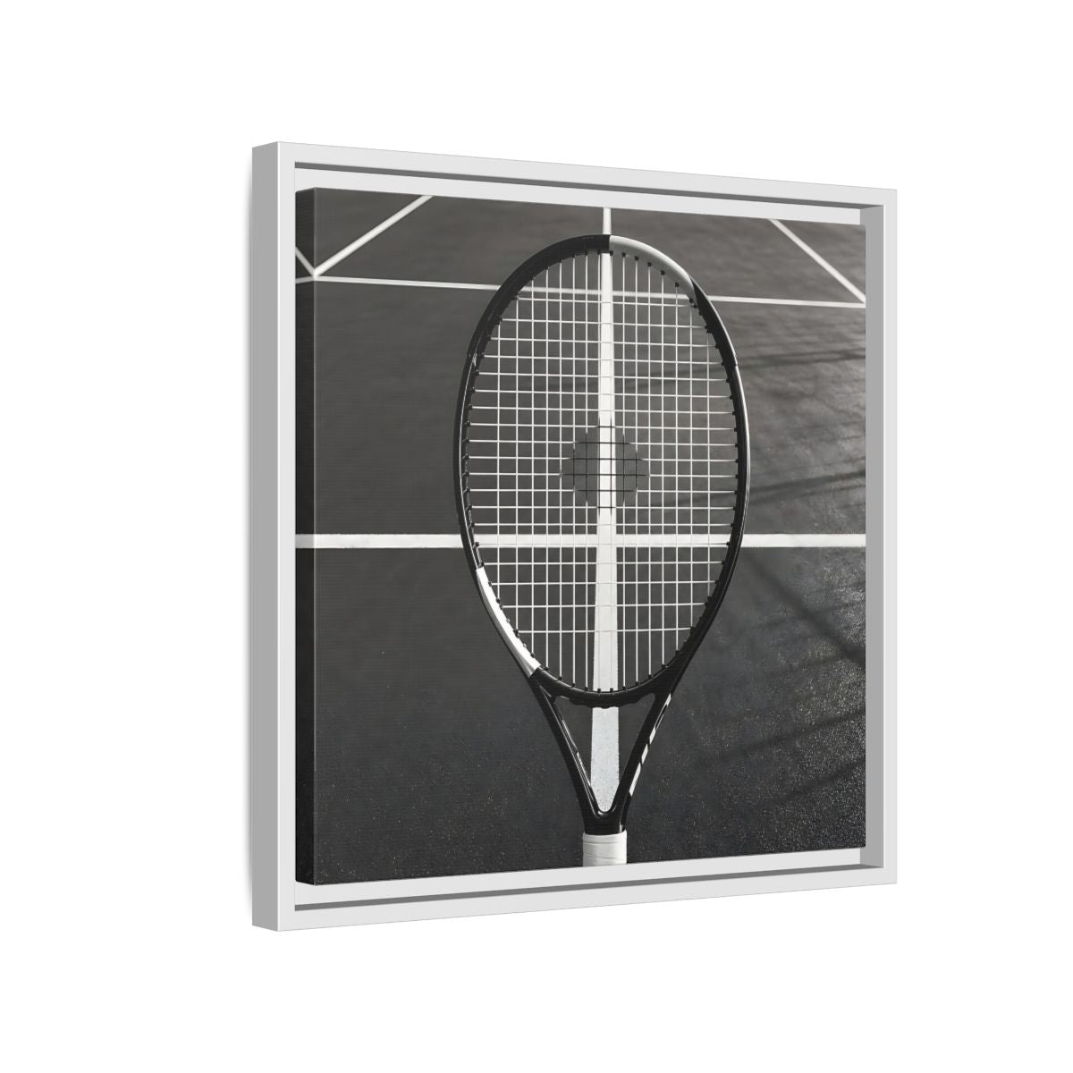 Side Mockup 13. Monochrome Tennis Racket shown as framed canvas print
