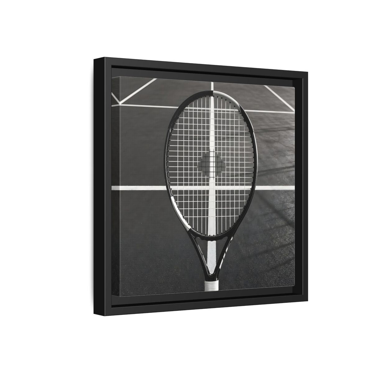 Side Mockup 18. Monochrome Tennis Racket shown as framed canvas print