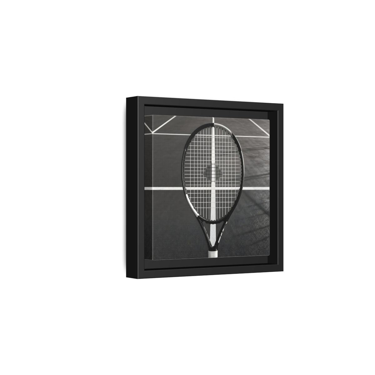 Side Mockup 3. Monochrome Tennis Racket shown as framed canvas print