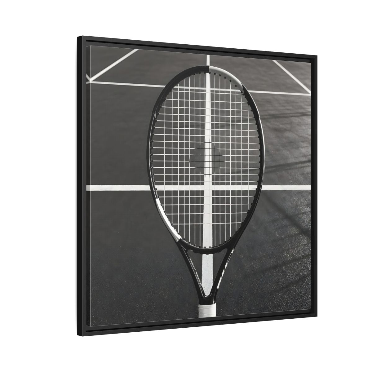 Side Mockup 9. Monochrome Tennis Racket shown as framed canvas print