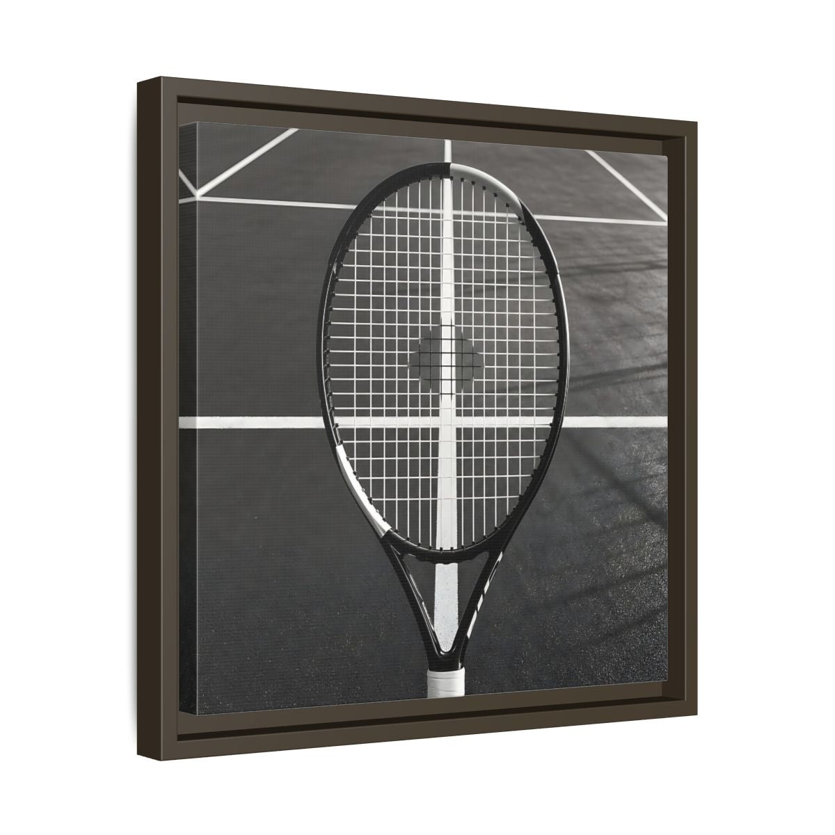 Side Mockup 29. Monochrome Tennis Racket shown as framed canvas print