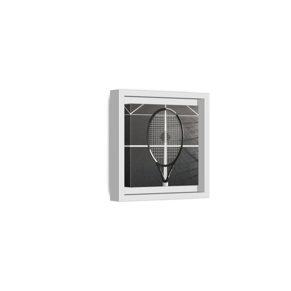 Side Mockup 22. Monochrome Tennis Racket shown as framed canvas print