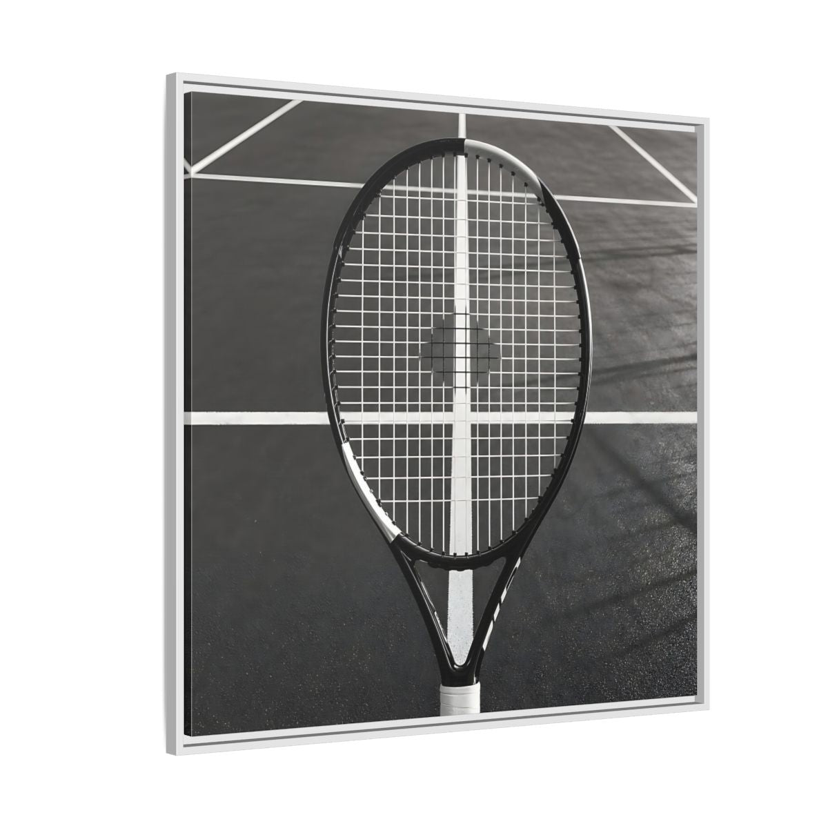 Side Mockup 4. Monochrome Tennis Racket shown as framed canvas print
