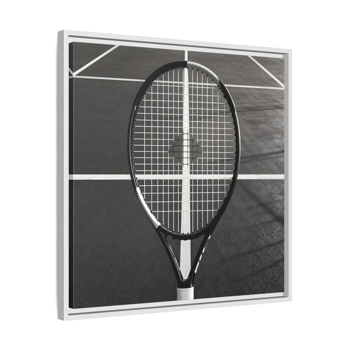 Side Mockup 26. Monochrome Tennis Racket shown as framed canvas print