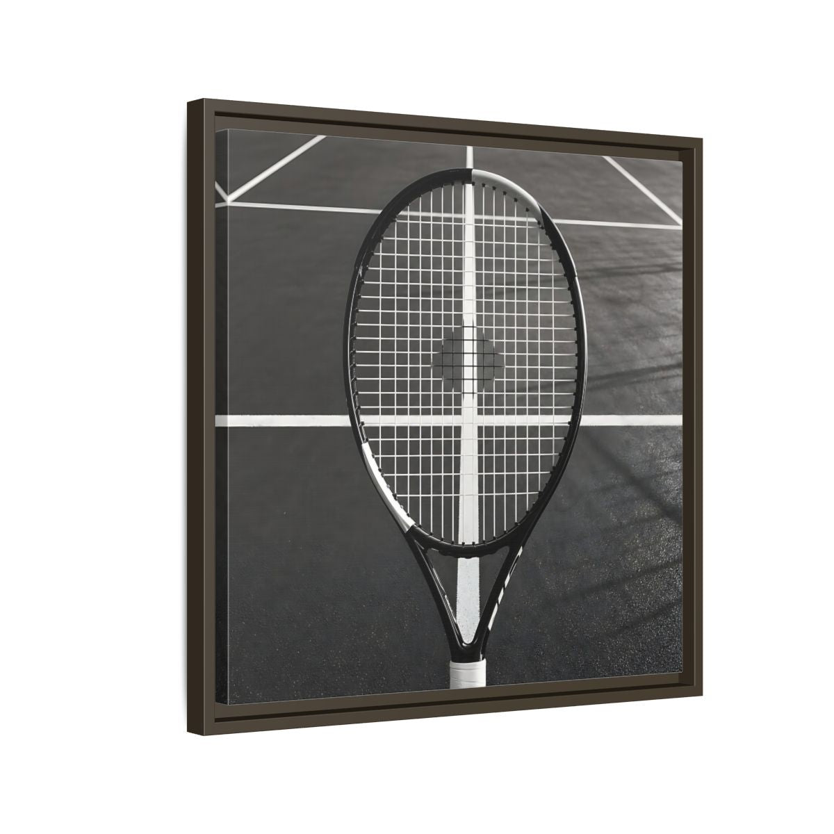 Side Mockup 11. Monochrome Tennis Racket shown as framed canvas print