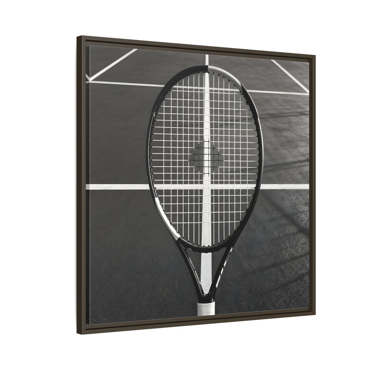 Side Mockup 8. Monochrome Tennis Racket shown as framed canvas print