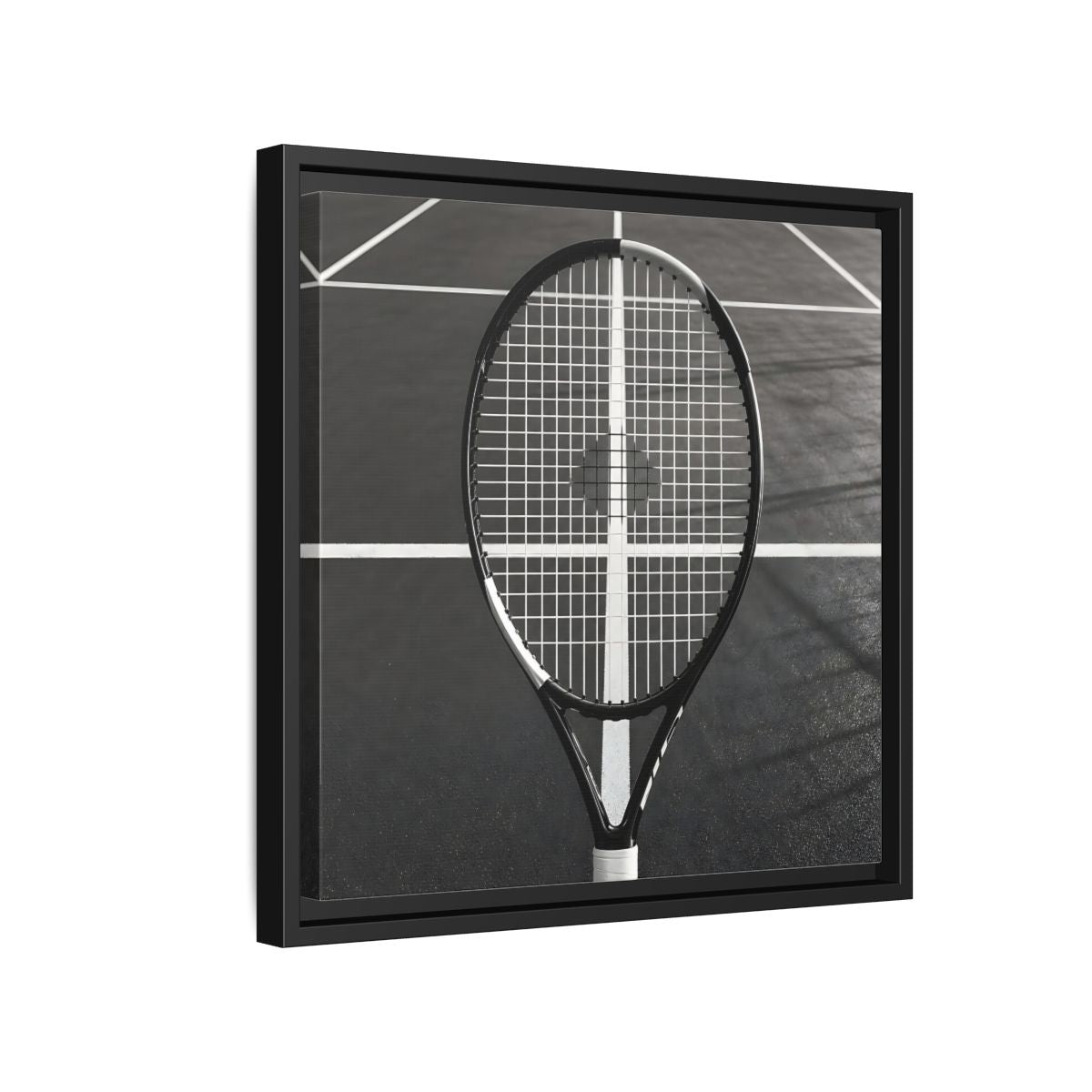 Side Mockup 15. Monochrome Tennis Racket shown as framed canvas print