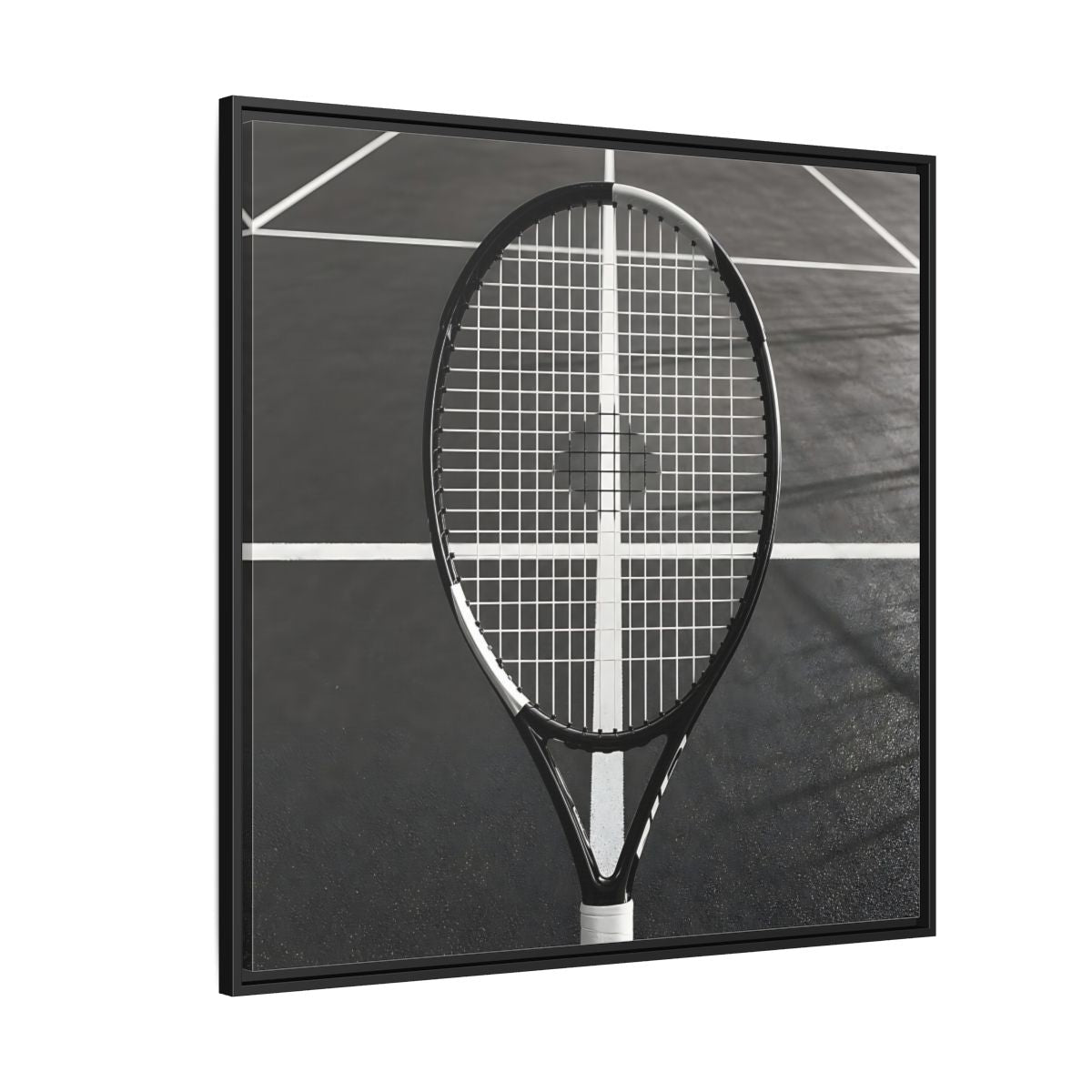 Side Mockup 6. Monochrome Tennis Racket shown as framed canvas print