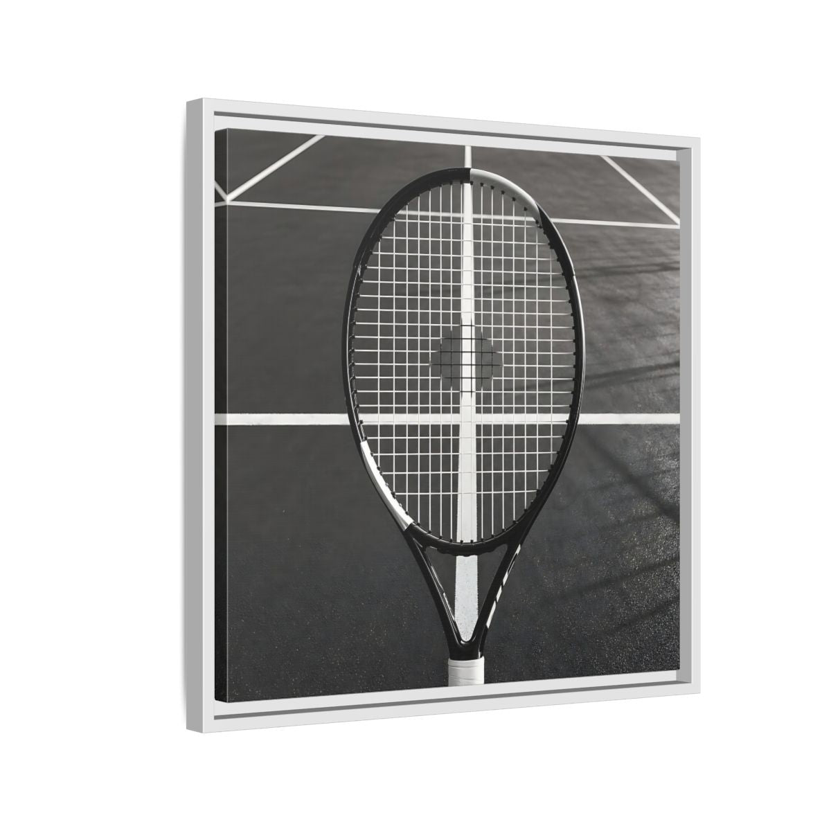 Side Mockup 10. Monochrome Tennis Racket shown as framed canvas print