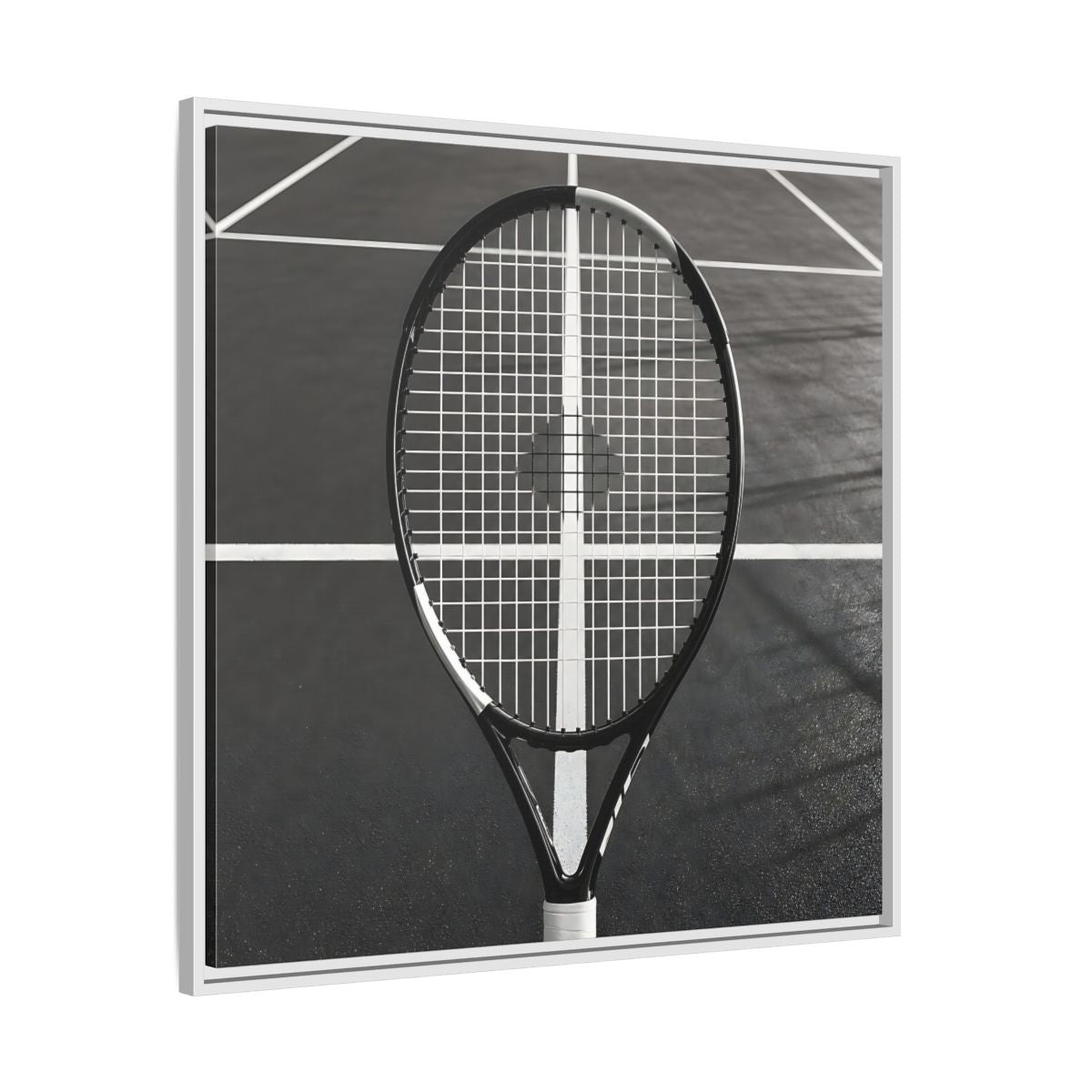 Side Mockup 25. Monochrome Tennis Racket shown as framed canvas print