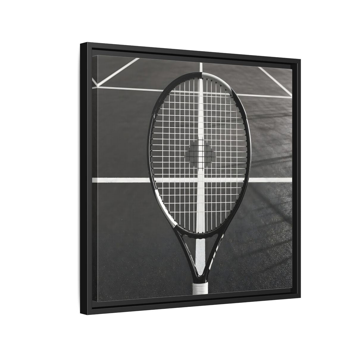 Side Mockup 12. Monochrome Tennis Racket shown as framed canvas print