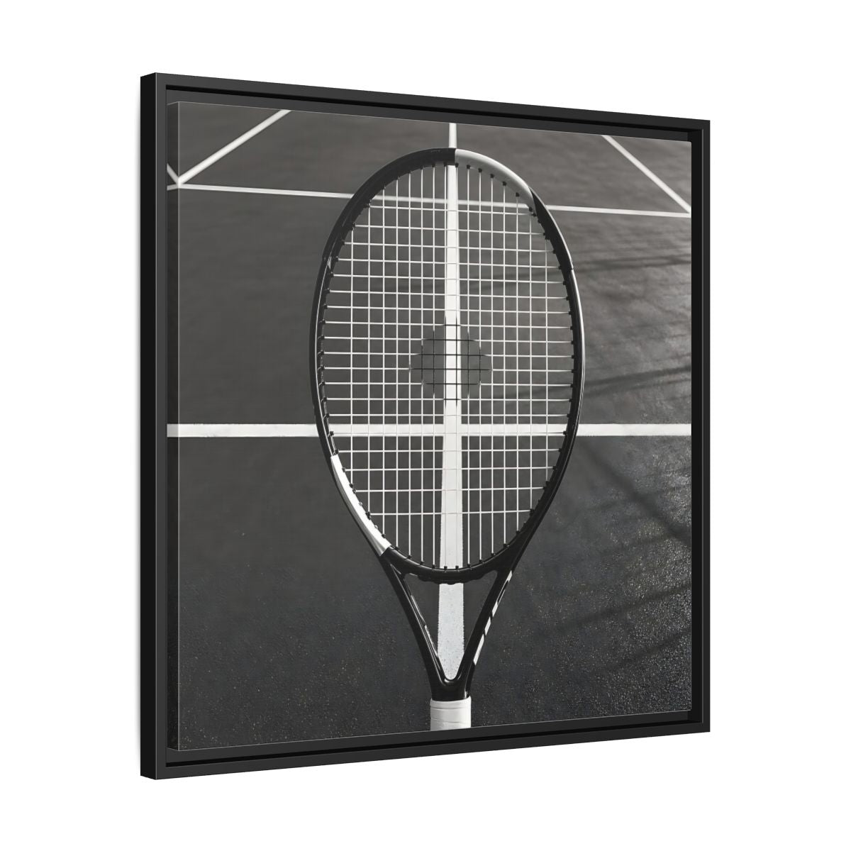 Side Mockup 31. Monochrome Tennis Racket shown as framed canvas print