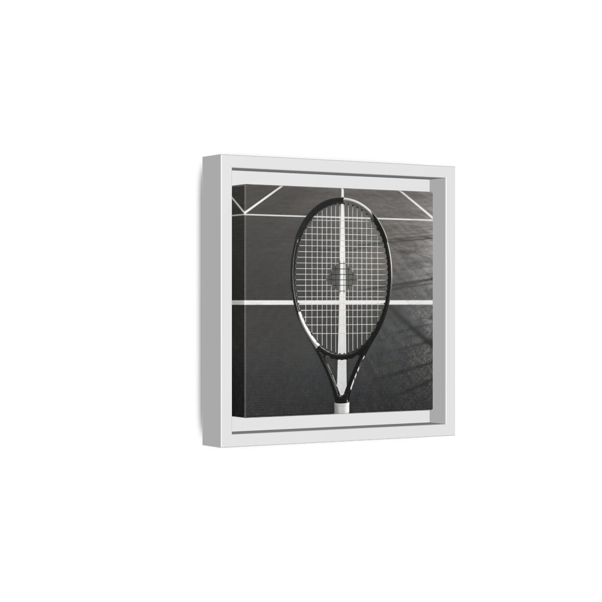 Side Mockup 1. Monochrome Tennis Racket shown as framed canvas print