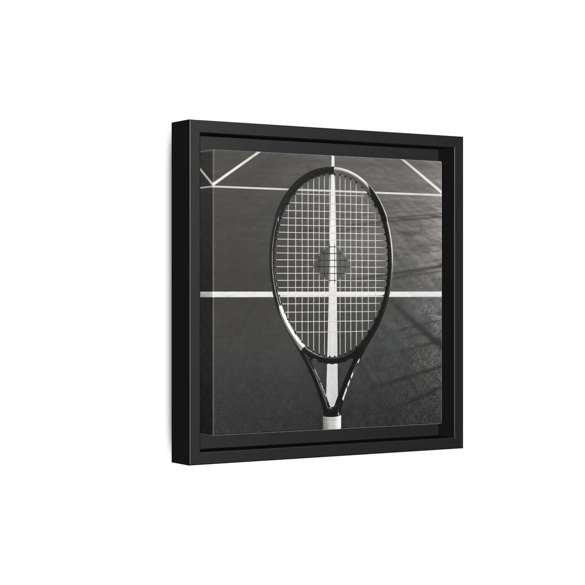 Side Mockup 21. Monochrome Tennis Racket shown as framed canvas print