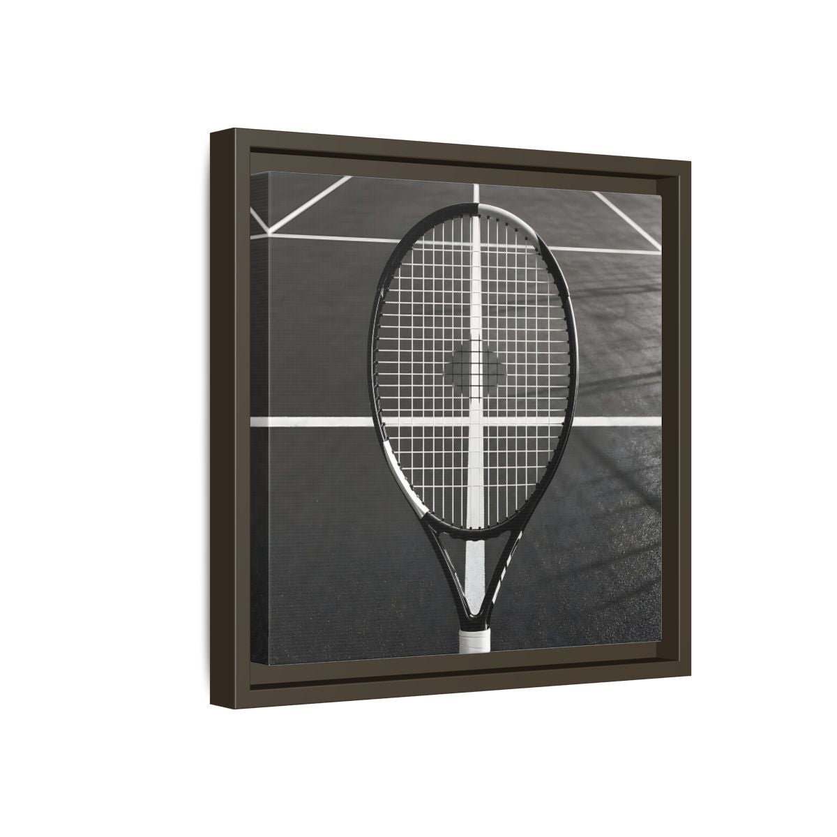 Side Mockup 17. Monochrome Tennis Racket shown as framed canvas print