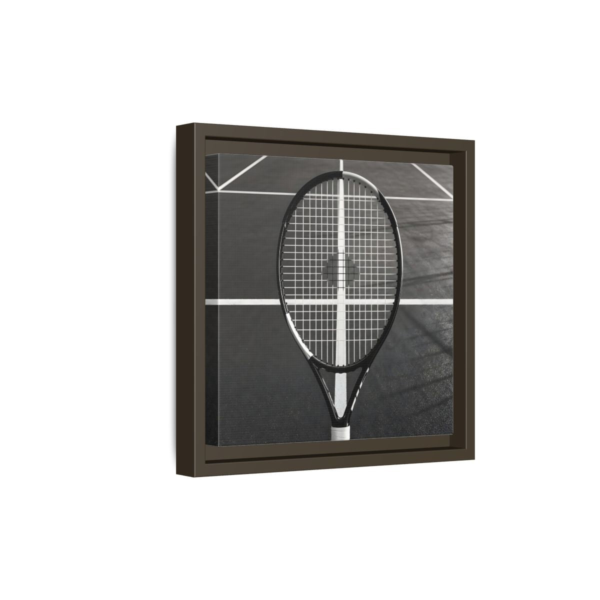 Side Mockup 20. Monochrome Tennis Racket shown as framed canvas print