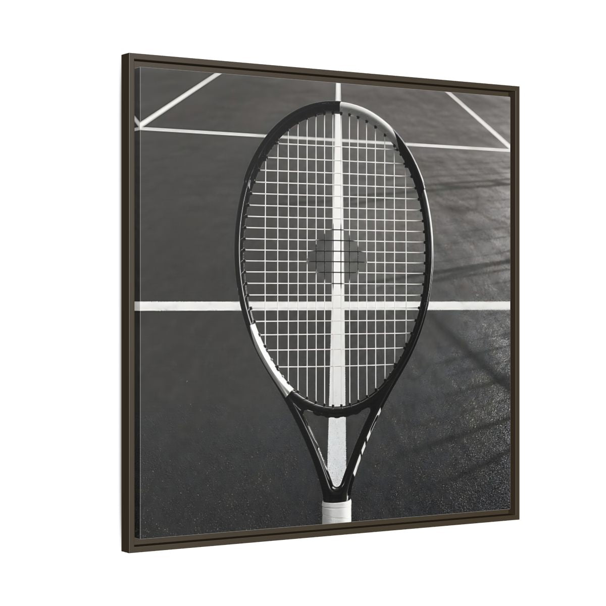 Side Mockup 5. Monochrome Tennis Racket shown as framed canvas print