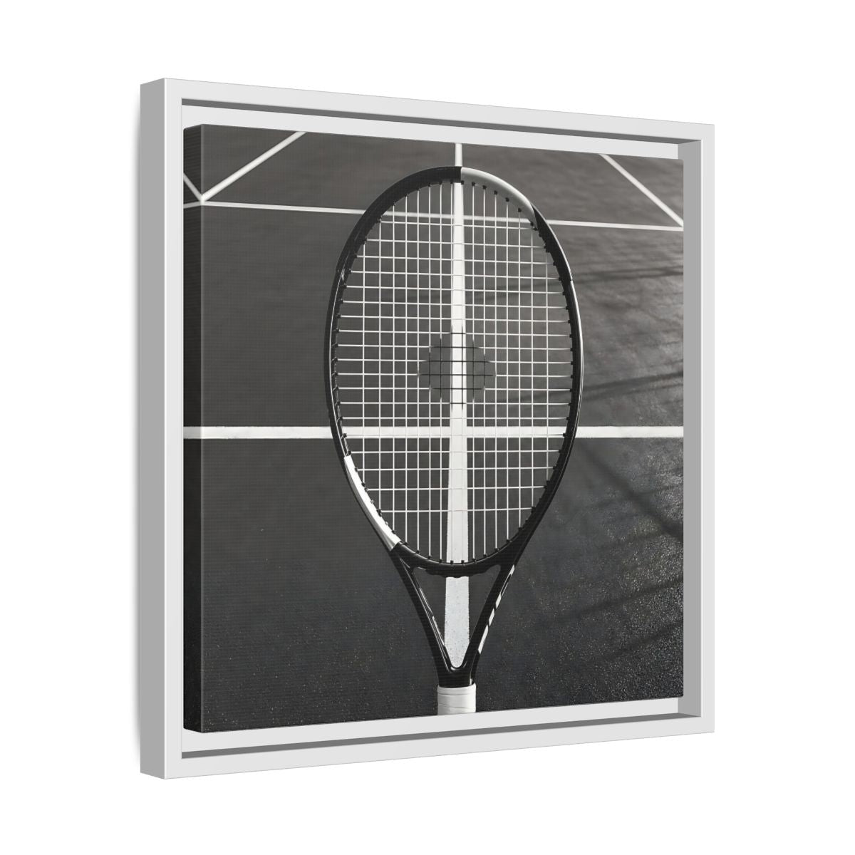 Side Mockup 28. Monochrome Tennis Racket shown as framed canvas print
