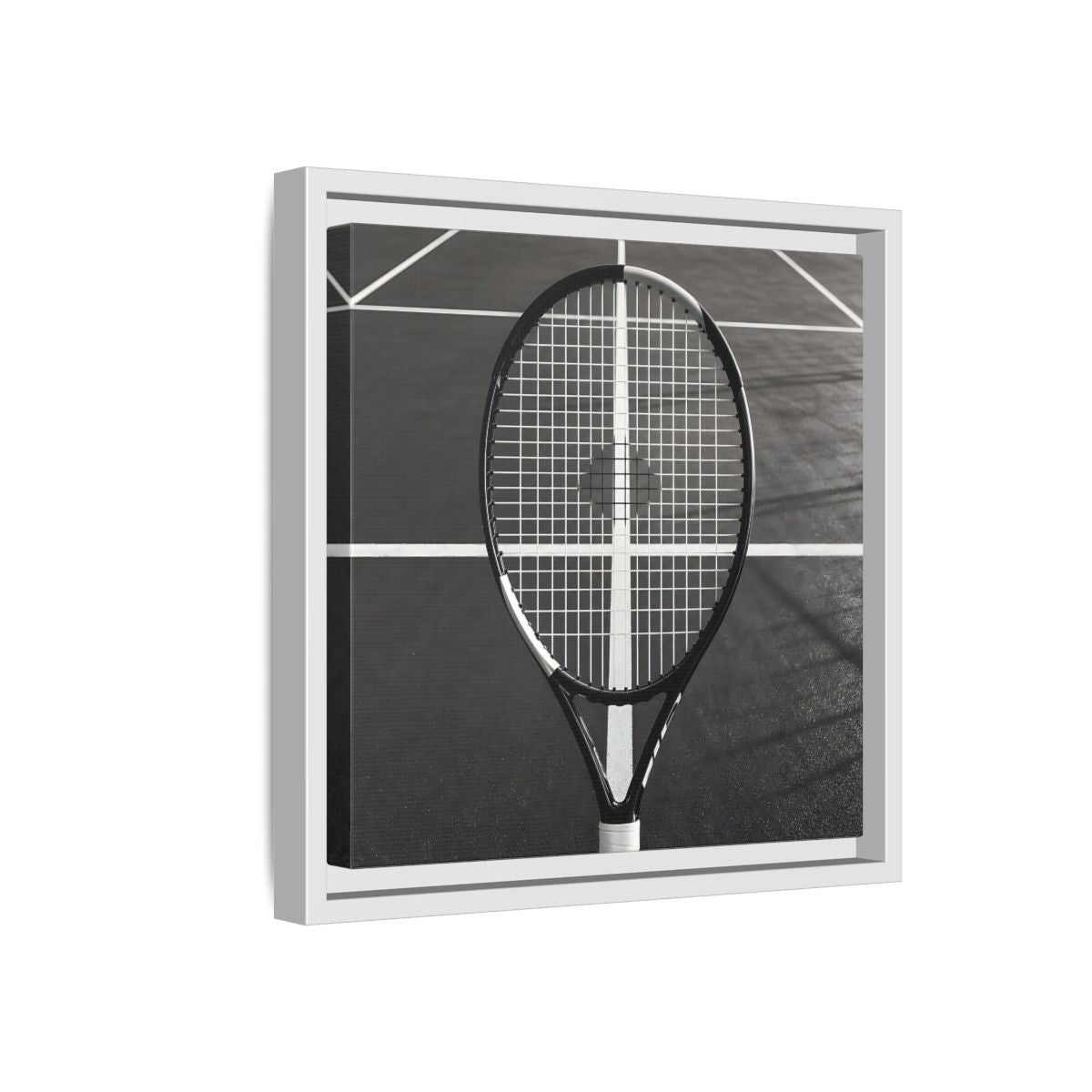 Side Mockup 16. Monochrome Tennis Racket shown as framed canvas print