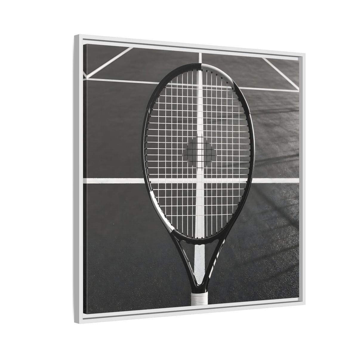 Side Mockup 7. Monochrome Tennis Racket shown as framed canvas print