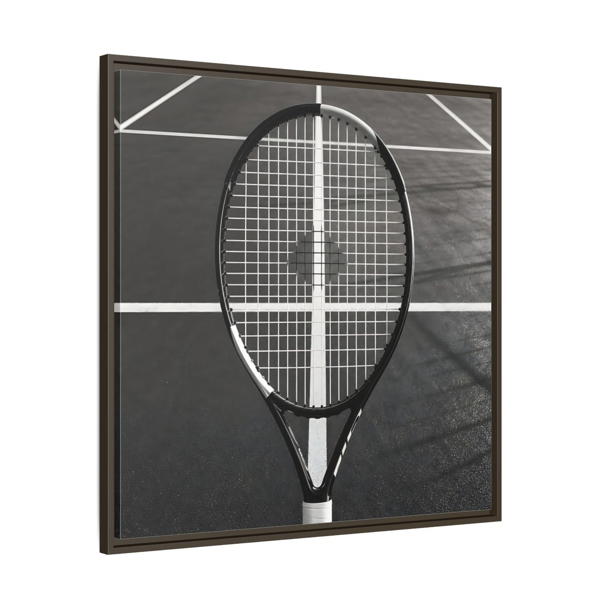 Main Mockup. Monochrome Tennis Racket shown as framed canvas print