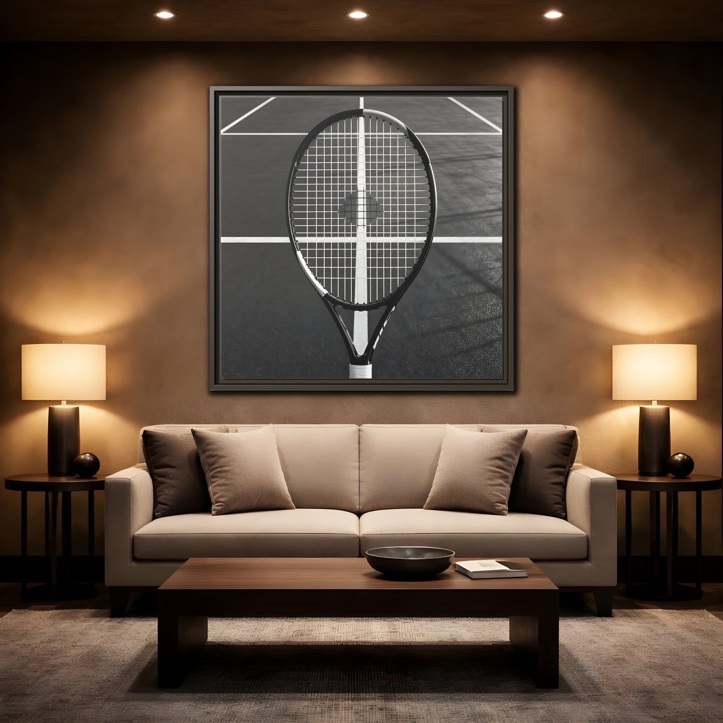 Mockup 2. Monochrome Tennis Racket shown as framed canvas print