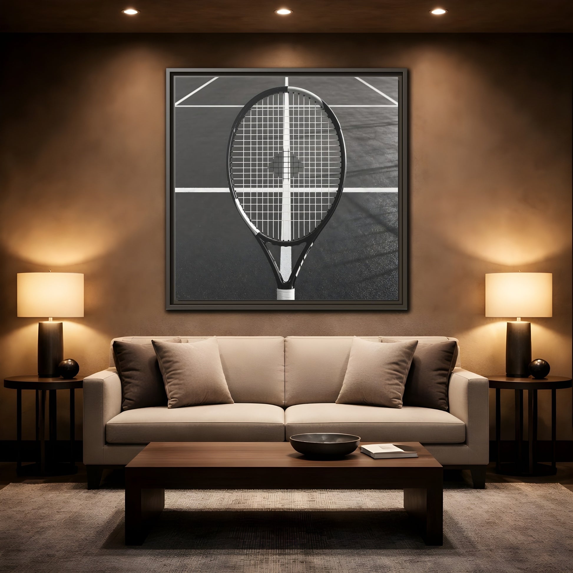 Mockup 2. Monochrome Tennis Racket shown as framed canvas print