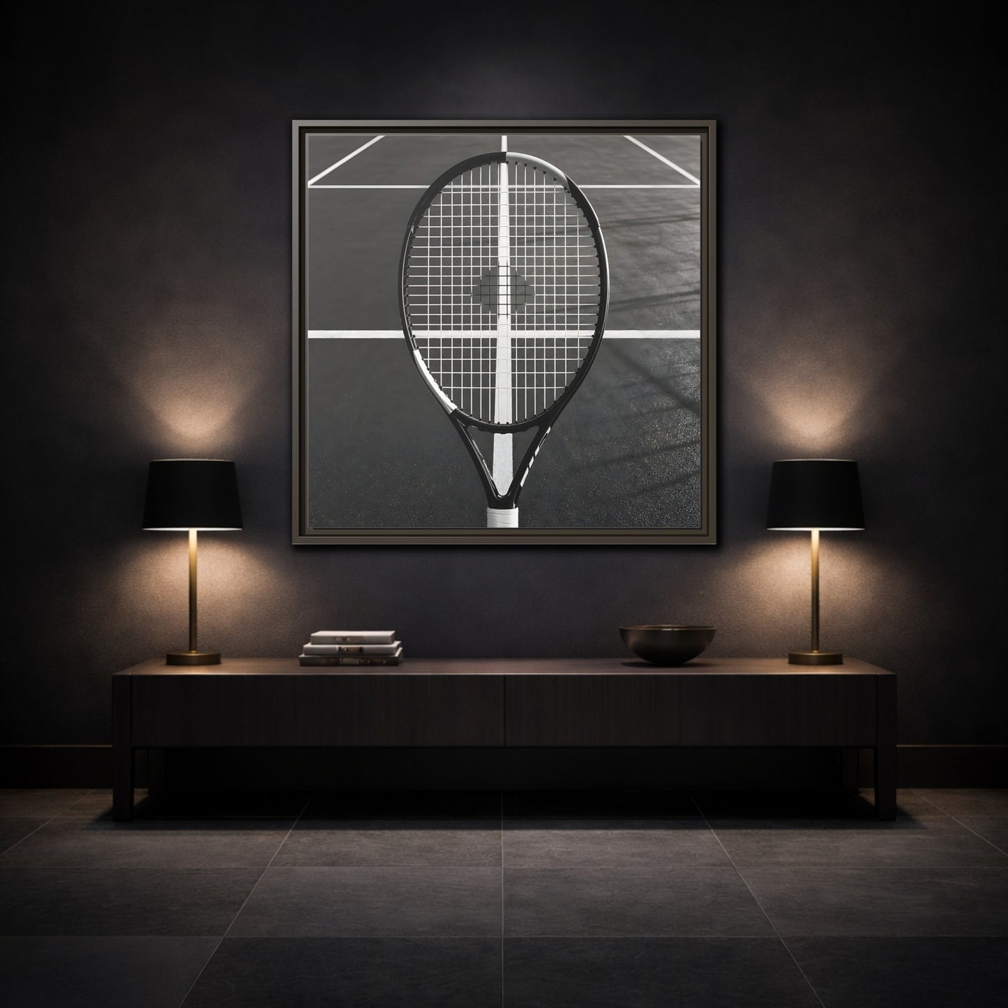 Mockup 3. Monochrome Tennis Racket shown as framed canvas print