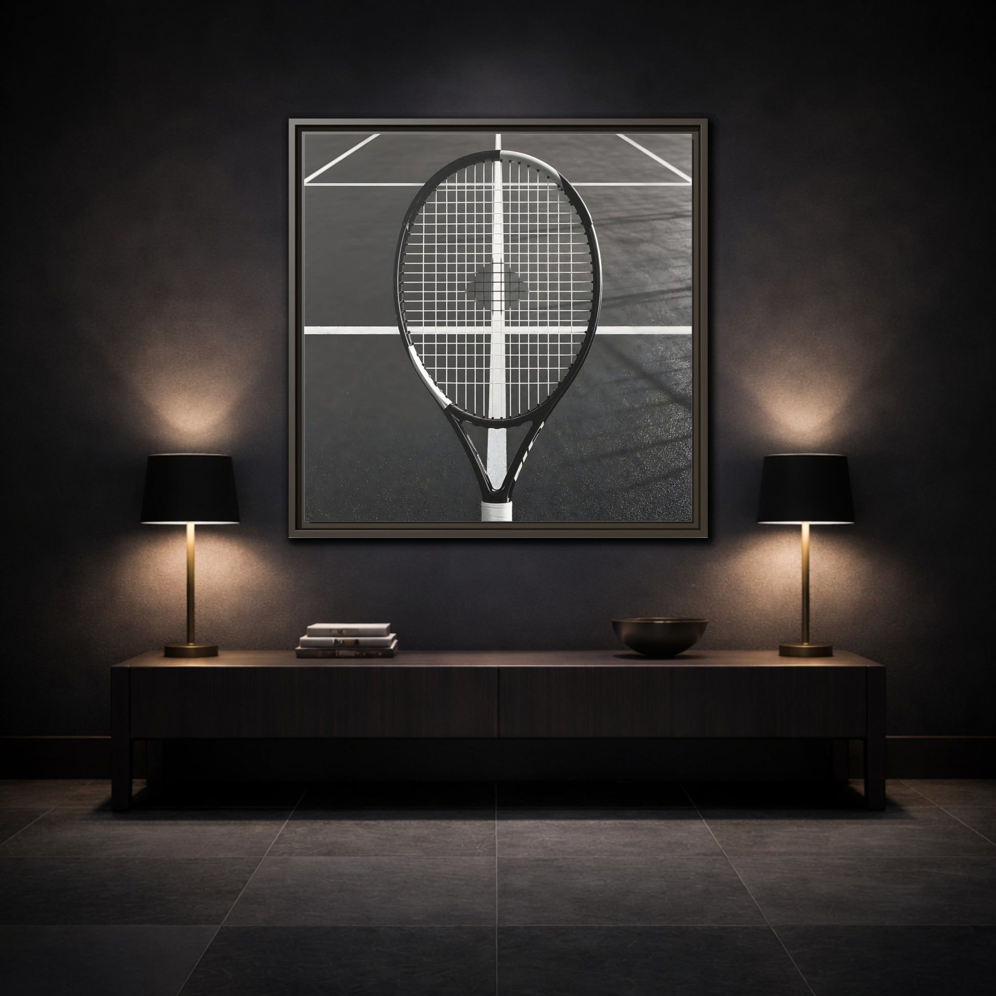 Mockup 3. Monochrome Tennis Racket shown as framed canvas print
