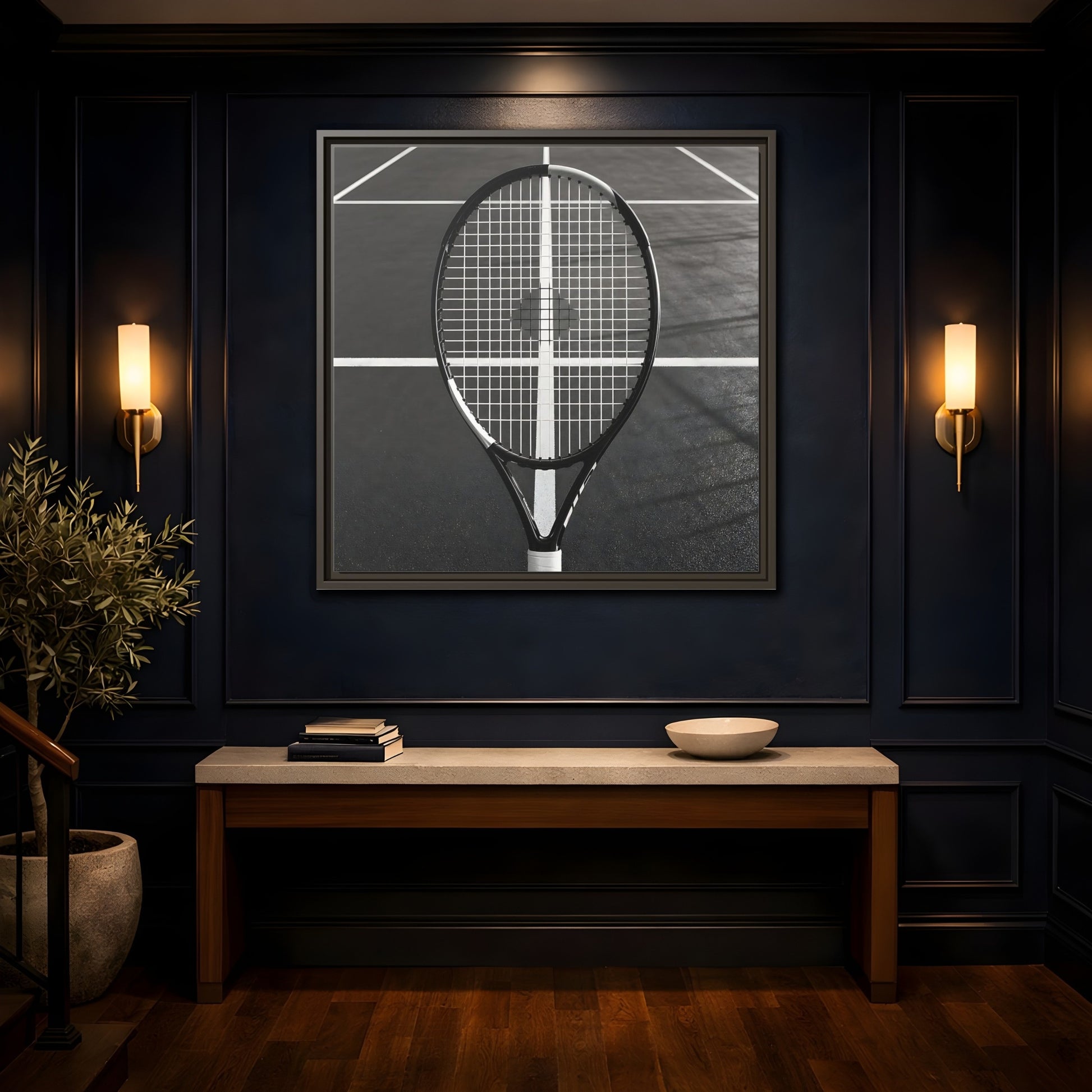 Mockup 4. Monochrome Tennis Racket shown as framed canvas print