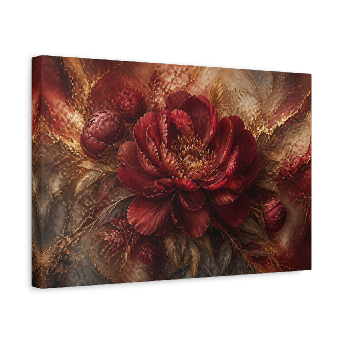 Side Mockup 4. Monumental Burgundy Peony shown as canvas print