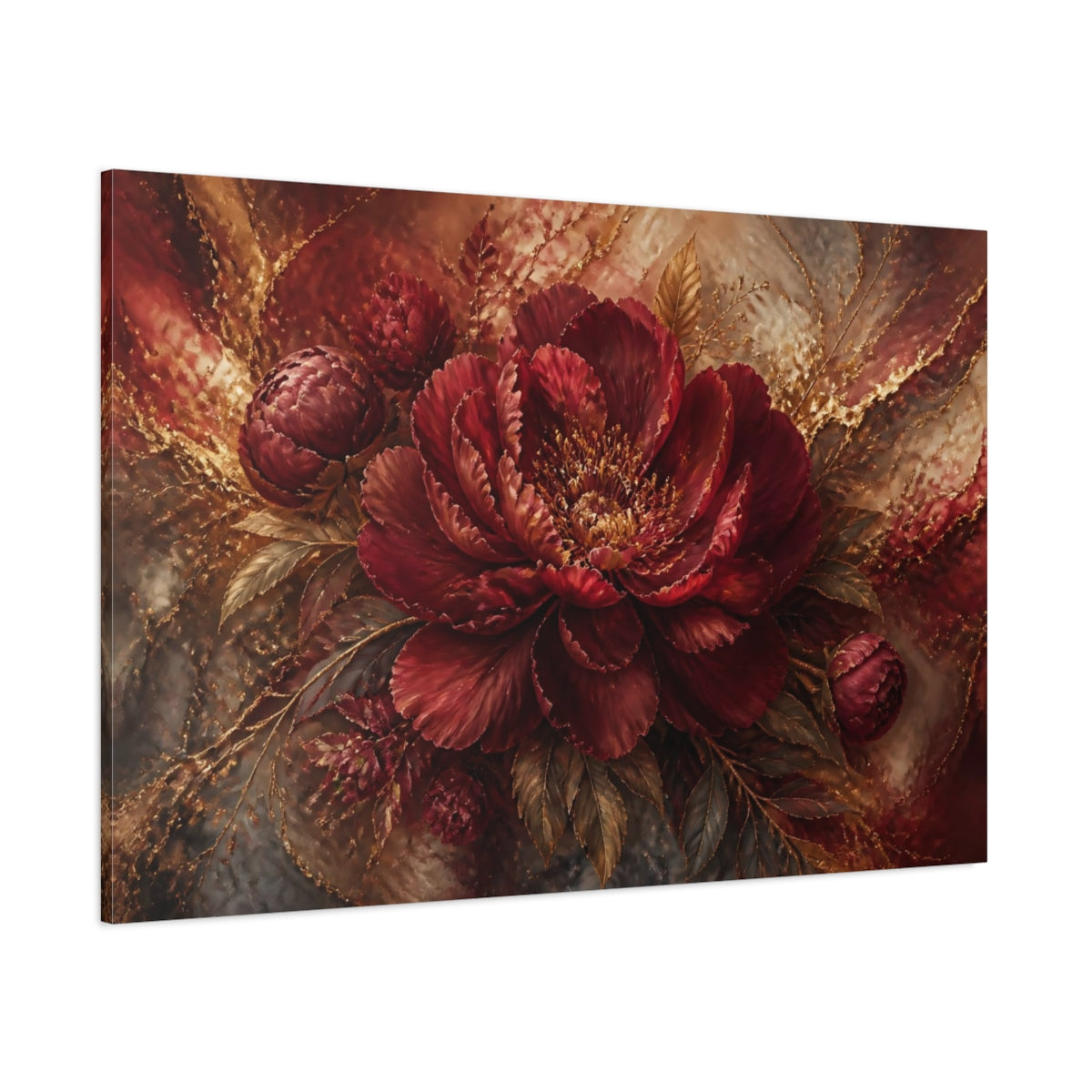 Side Mockup 1. Monumental Burgundy Peony shown as canvas print