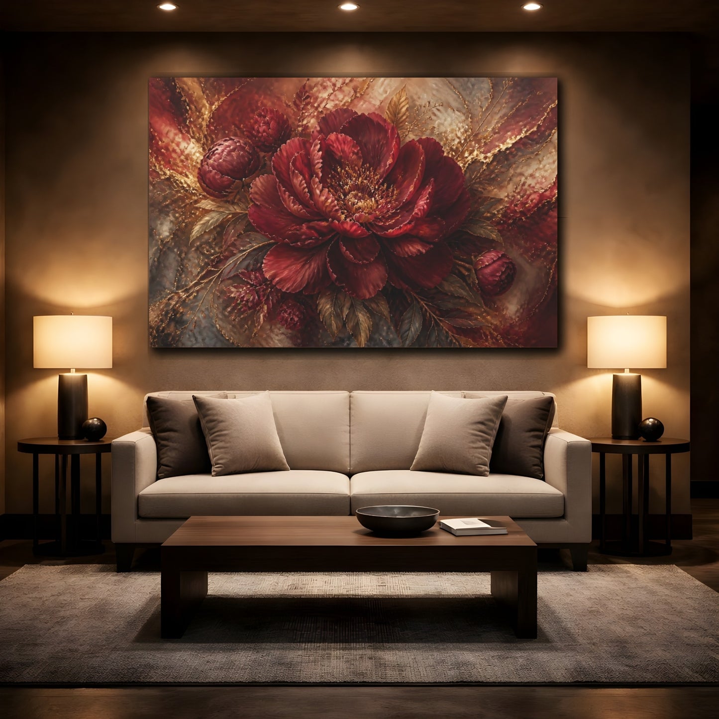 Mockup 2. Monumental Burgundy Peony shown as canvas print
