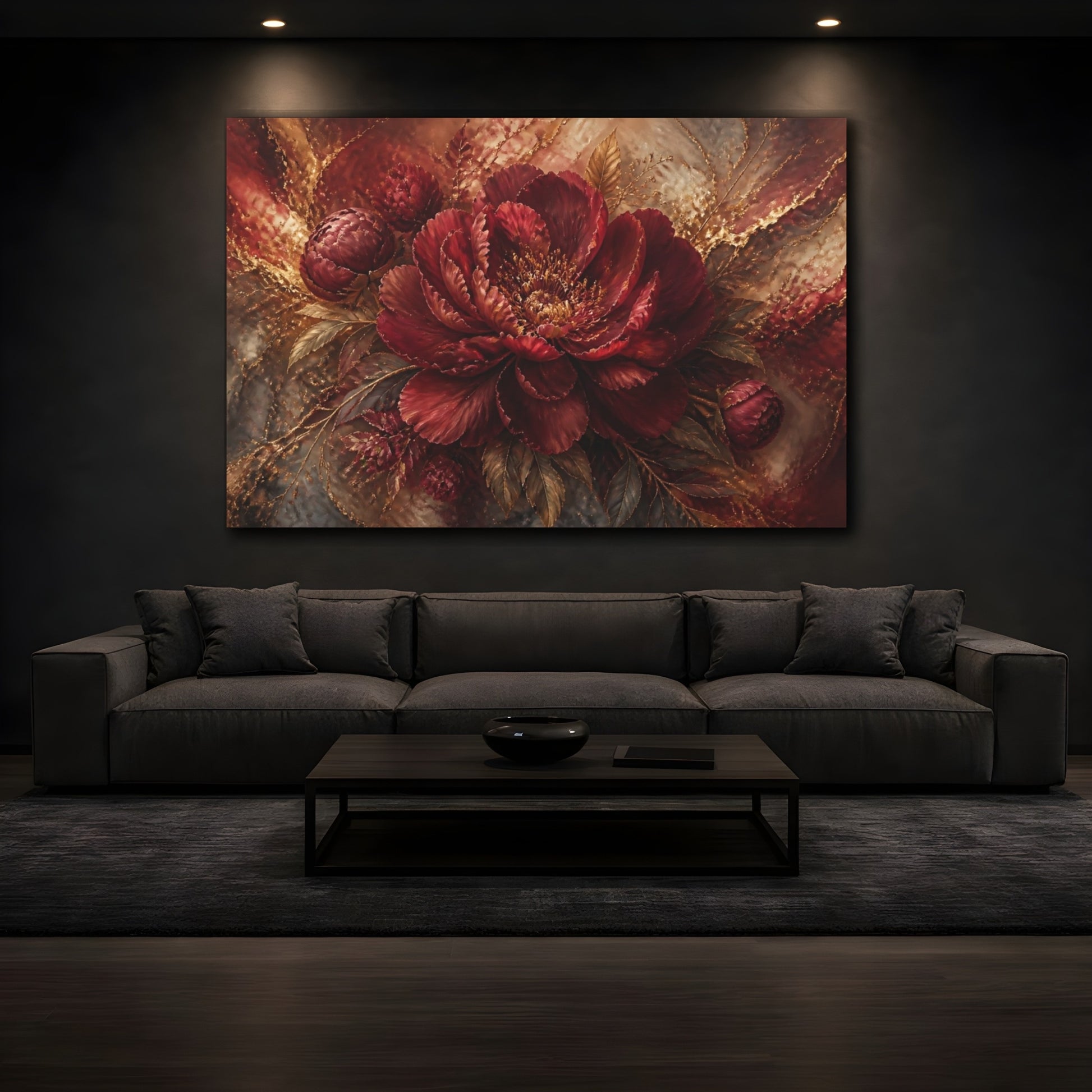 Mockup 3. Monumental Burgundy Peony shown as canvas print