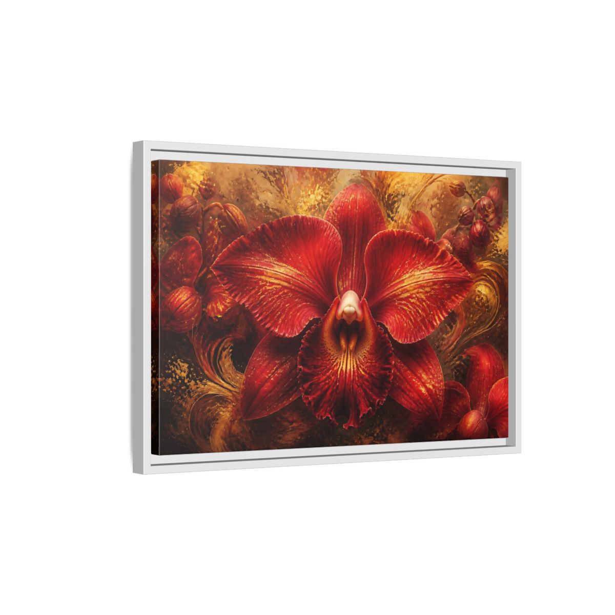 Side Mockup 1. Monumental Scarlet Orchid shown as framed canvas print