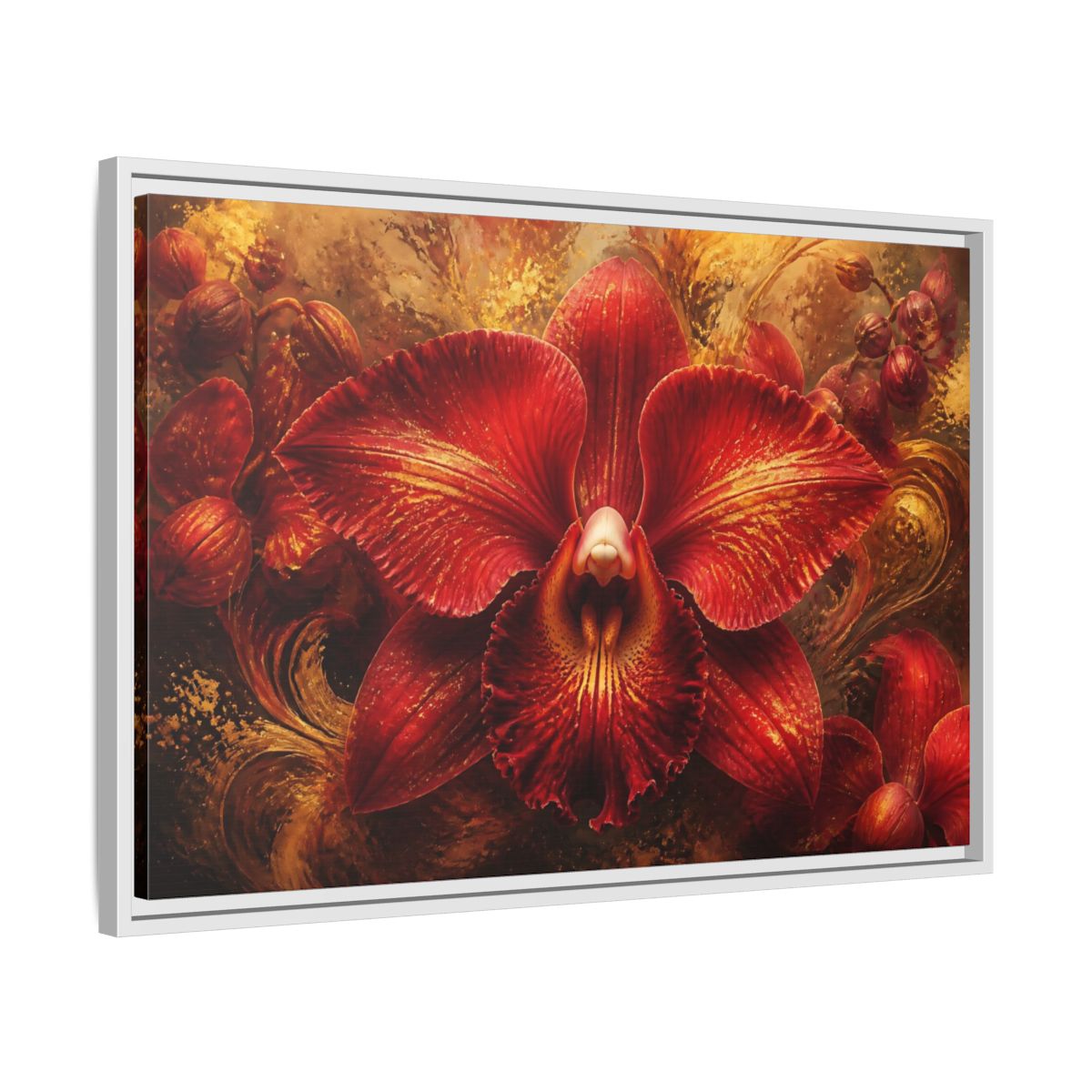 Side Mockup 10. Monumental Scarlet Orchid shown as framed canvas print