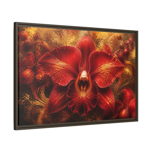 Main Mockup. Monumental Scarlet Orchid shown as framed canvas print