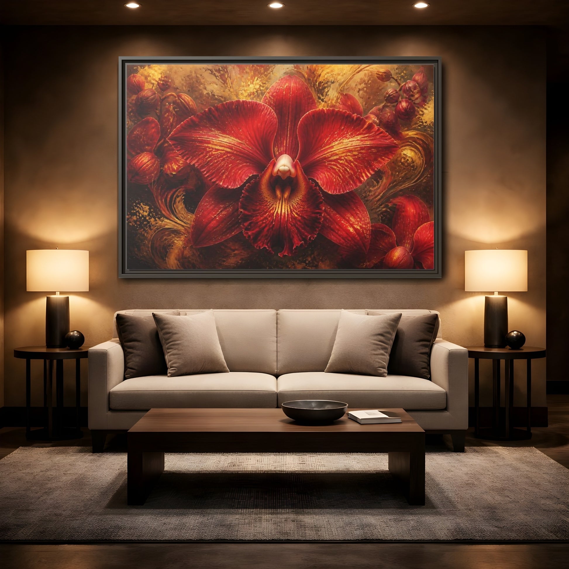 Mockup 2. Monumental Scarlet Orchid shown as framed canvas print