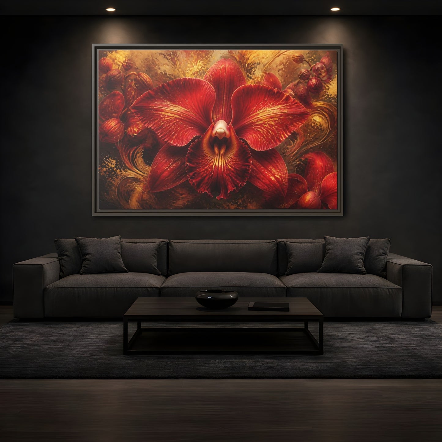 Mockup 3. Monumental Scarlet Orchid shown as framed canvas print