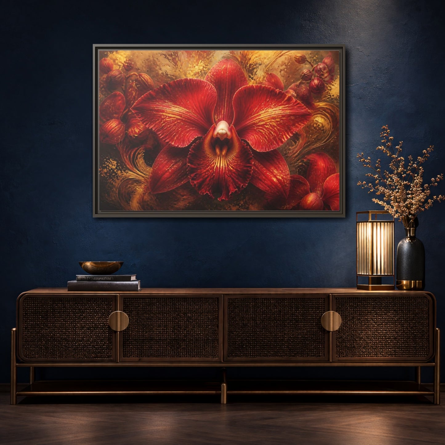 Mockup 4. Monumental Scarlet Orchid shown as framed canvas print