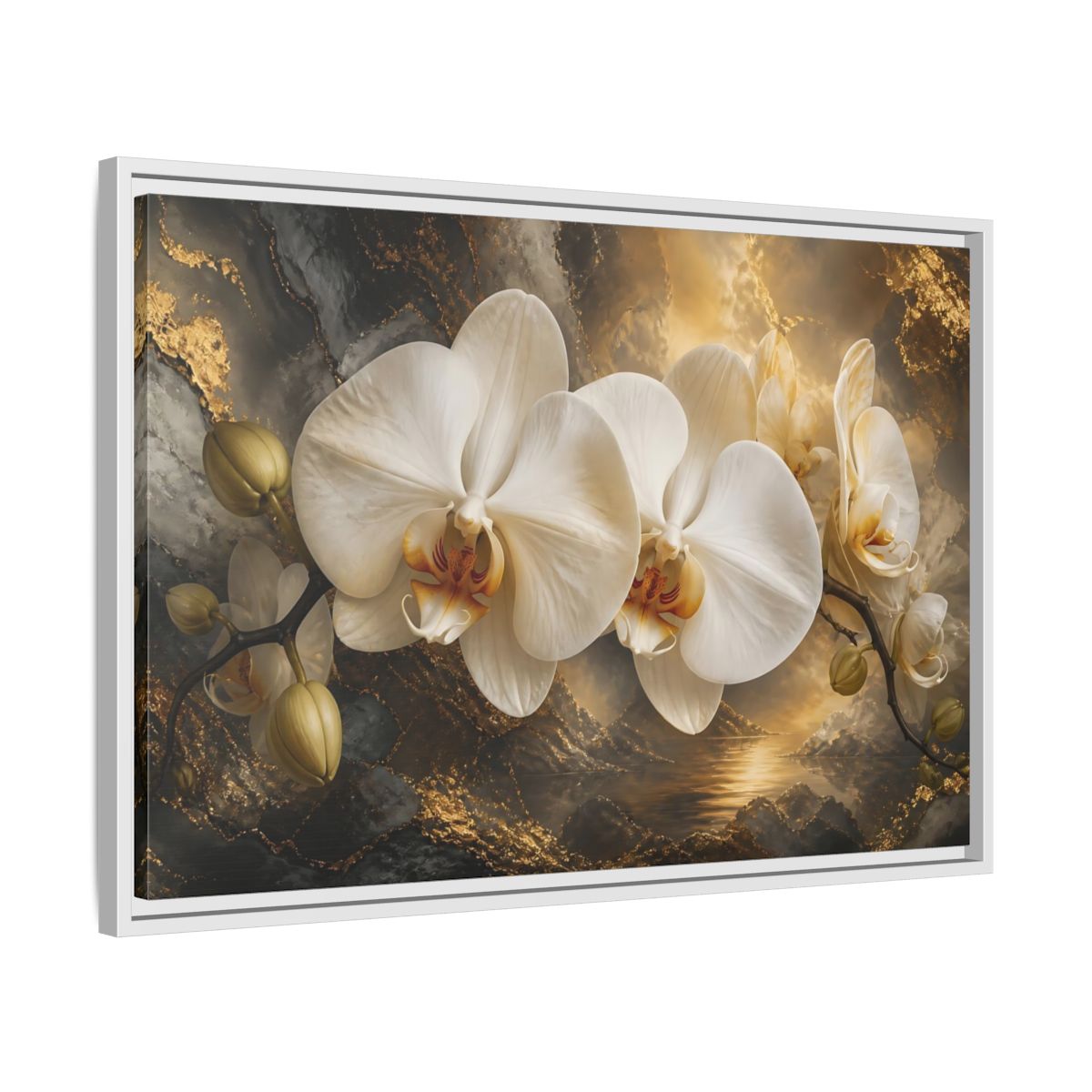 Side Mockup 10. Monumental White Orchid shown as framed canvas print