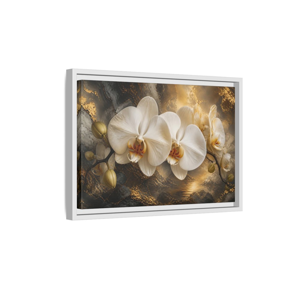 Side Mockup 4. Monumental White Orchid shown as framed canvas print
