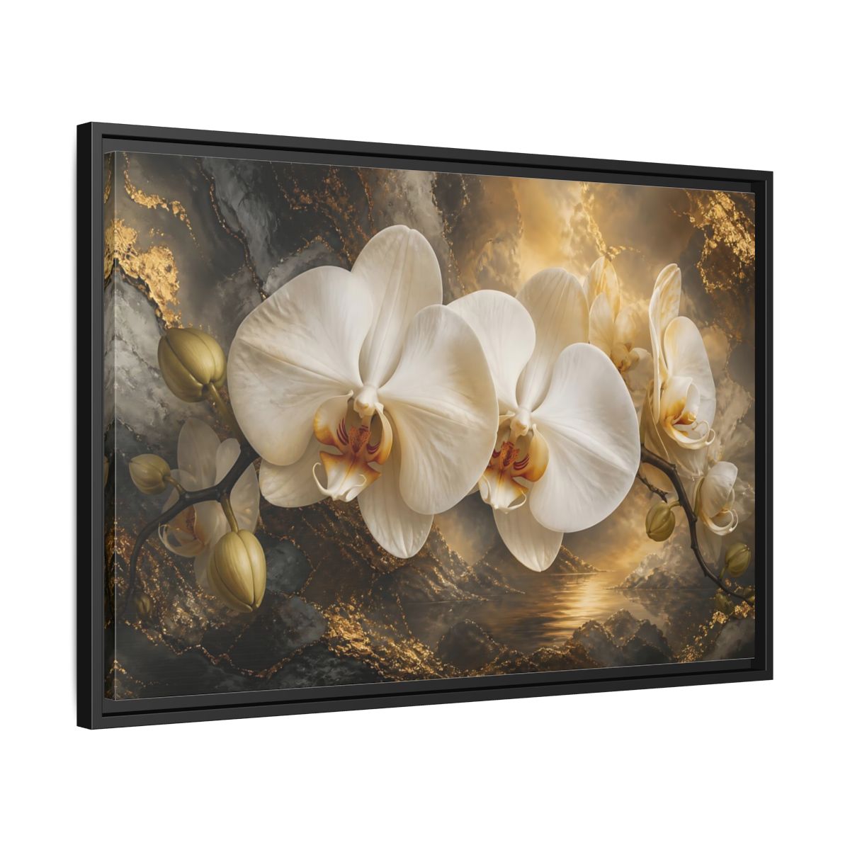 Side Mockup 14. Monumental White Orchid shown as framed canvas print